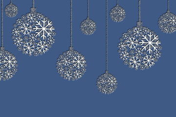 Illustration of a Christmas tree toy made of snowflakes on a blue background. Winter banner and layout, product packaging with snowflake, place for text. Snow abstract pattern. Christmas theme, new ye