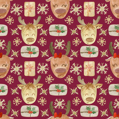 Seamless pattern with deer, festive background