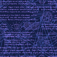 Purple seamless pattern with ancient letters of the alchemist or witch