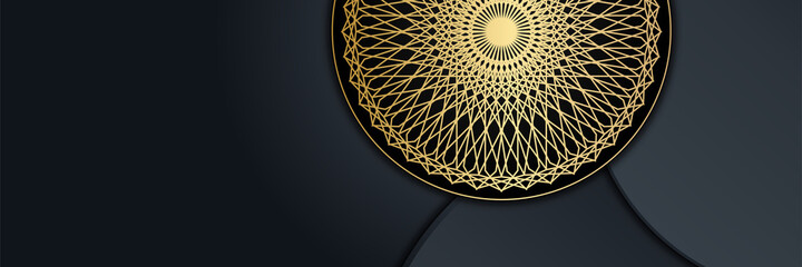 Islamic Ramadan Kareem banner background. Gold lantern, mandala pattern, mosque, moon and abstract luxury islamic elements background