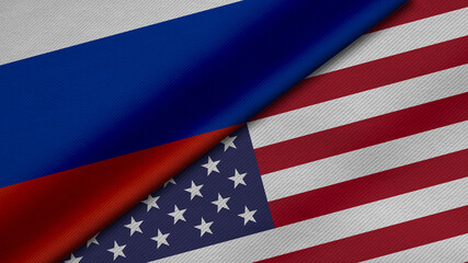 3D Rendering of two flags from Russian Federation and State of  United States of America together with fabric texture, bilateral relations, peace and conflict between countries, great for background