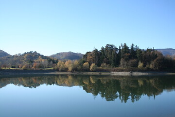Collinetta di pini e alberi che si riflette nel lago calmo di BILANCINO, al mattino freddo ma soleggiato