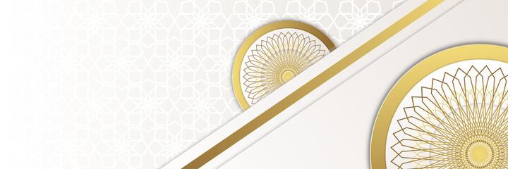 Islamic Ramadan Kareem banner background. Gold lantern, mandala pattern, mosque, moon and abstract luxury islamic elements background