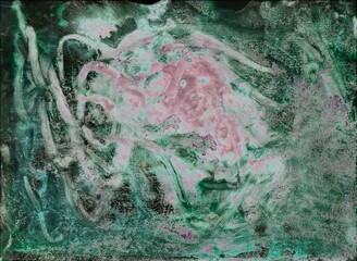 Pink-green watercolor background. Transparent lines and spots. Paint leaks and ombre effects. Grunge. Abstract hand-painted image.