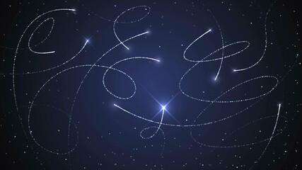 Dark background with glowing flying silver sparks with trails