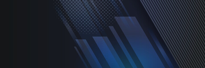 Fototapeta na wymiar Abstract geometric dark navy blue banner background. Digital technology business 3D presentation abstract background. Abstract blue banner with gradient shapes