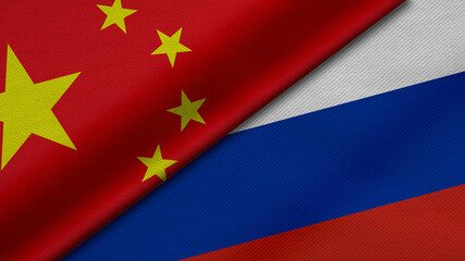 3D Rendering of two flags from China and Russian Federation together with fabric texture, bilateral relations, peace and conflict between countries, great for background