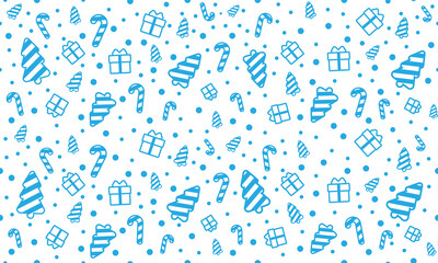 texture seamless blue and white. Christmas tree, gifts, round snowflakes, caramel, sweets. Christmas pattern repeating for white background print