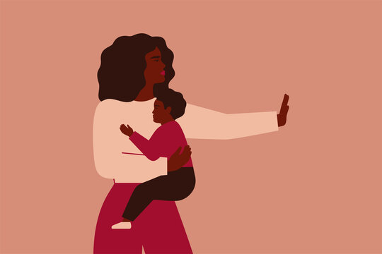 African American woman protects her child from any threat. Black mother with her son rejects and raised her hand with a stop sign. Stop violence against children. Vector illustration