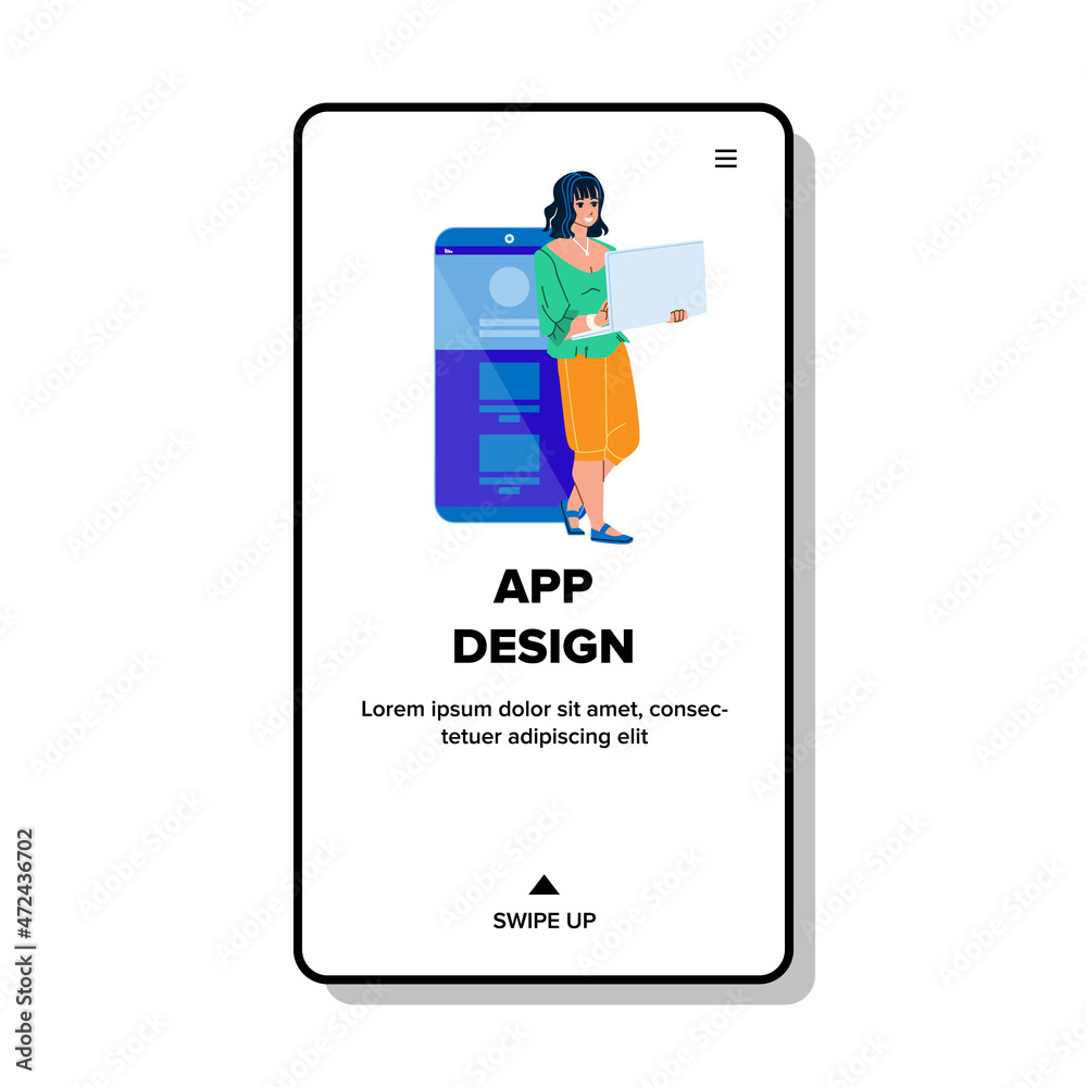 Wall mural app design creating young woman designer vector. app design create girl on laptop computer. characte