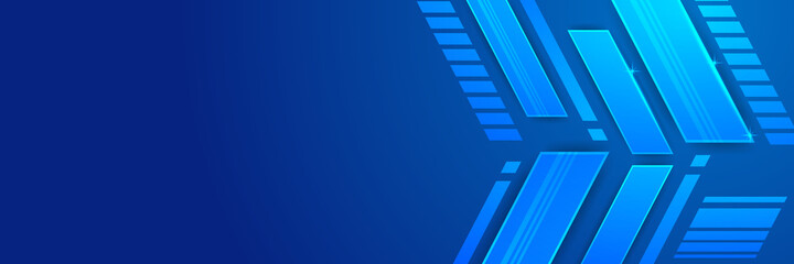 Abstract geometric dark navy blue banner background. Digital technology business 3D presentation abstract background. Abstract blue banner with gradient shapes