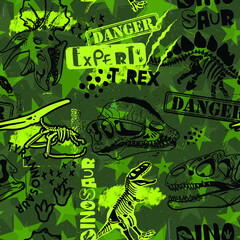 Seamless  camouflage Dino pattern, print for T-shirts, textiles, wrapping paper, web. Original design with t-rex, dinosaur.  grunge design for boys and girls