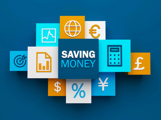 3D render of top view of SAVING MONEY business concept with symbols on colorful cubes on dark blue background