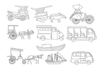 flat set of modern and traditional transportation images
