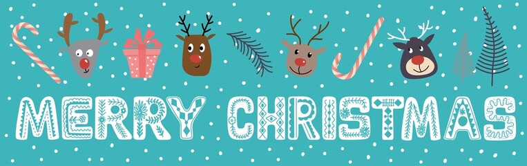 Christmas banner with deer, gifts, Christmas tree, candy and lettering Merry Christmas. Pastel trending colors. Suitable for congratulations, print, web.