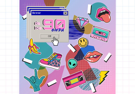 Juego de pegatinas art&iacute;sticas sobre la vuelta a los 90