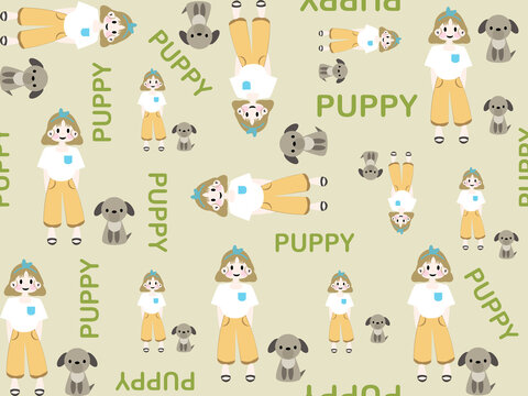 girl and puppy cartoon character seamless pattern  on green background