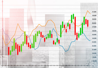 Abstract forex table in front of business district illustration. Modern architecture skyline. Financial growth concept. Fluctuation of trading chart.