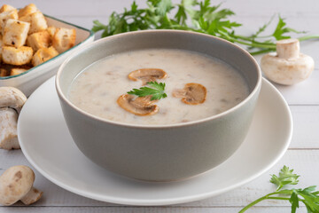 Creamy mushroom soup. Autumn vegan food concept.