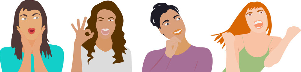 Rostros de mujeres diferentes. Gestos con mano y rostro. Fondo transparente	