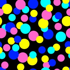 Seamless abstract pattern of multi-coloured circles on black background. Vector design.