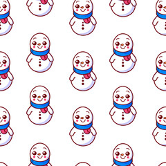 Seamless background with snowmen with blue scarves, cartoon Christmas theme. Cute snowman on white background.