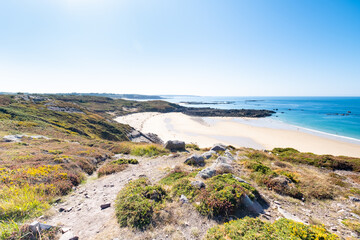 Beach Pit on Breton coastline in France Frehel Cape region with its sand, rocks and moorland in summer.