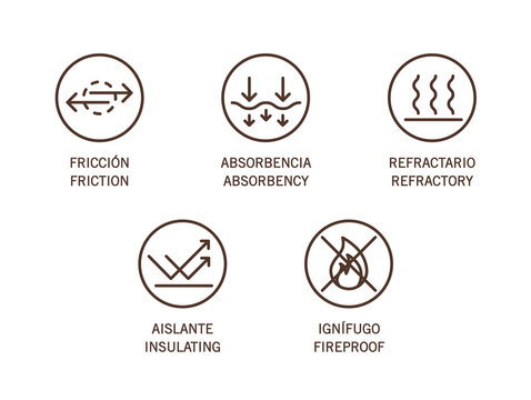 Icon, symbols set, collection of different material properties. Friction, absorbency, refractory, insulating and fire proof. Line art vector illustration isolated on white background.
