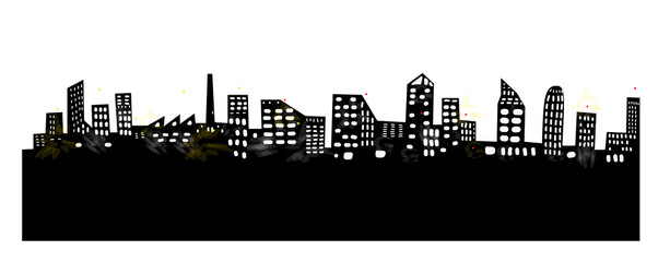 Buildings cityscape silhouette with lights and windows. City skyline silhouette. Hand drawn style vector illustration isolated on white background.