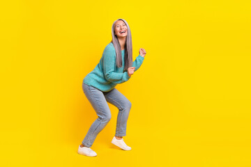 Full length body size view of attractive cheerful overjoyed grey-haired woman dancing enjoying...
