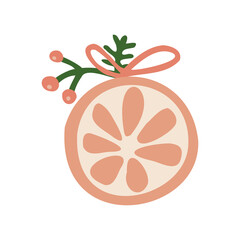 Half or slice of an orange with a pine branch, berries and bow. Christmas dried fruit, winter decoration. Freehand isolated element. Vector flat Illustration. Only 5 colors - Easy to recolor.