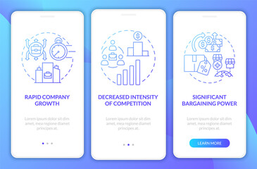 External growth advantages blue gradient onboarding mobile app page screen. Walkthrough 3 steps graphic instructions with concepts. UI, UX, GUI vector template with linear color illustrations