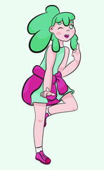 Excited cute girl. Cartoon vector illustration. Girl with green hair