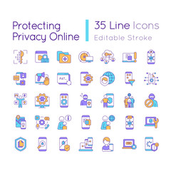 Protecting privacy online RGB color icons set. Modern technology to keep personal information safe in internet Isolated vector illustrations. Simple filled line drawings collection