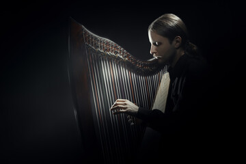 Harp player. Irish harpist playing celtic harp