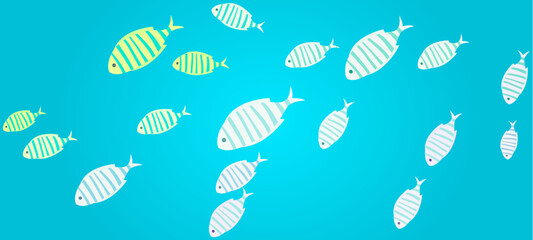 Underwater ocean fauna with exotic fishes. Ocean bottom with marine life reprsentatives. Marine underwater world with school of tropical fish. Seascape, undersea landscape vector illustration
