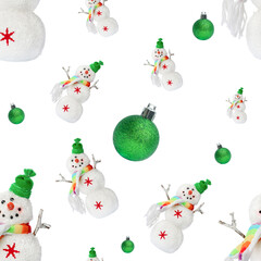 christmas background with snowman and green ball