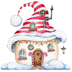 Christmas house watercolor illustration, Christmas clipart, Christmas card