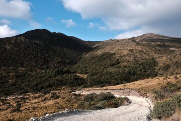 road in the dry mountains of ecuador with blue skies