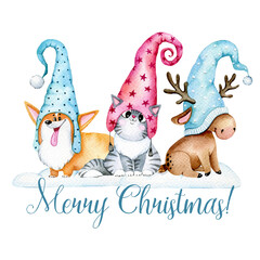 Christmas gnomes watercolor illustration, Christmas clipart, Christmas card