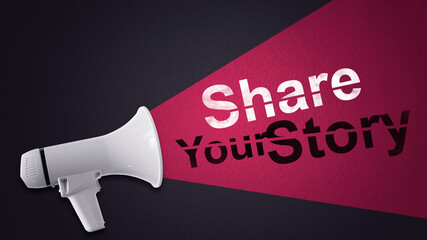  Share your story. stencil text title and White loudspeakers 