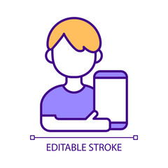 Person with mobile phone RGB color icon. Device app and service, online data protection. Modern technology. Isolated vector illustration. Simple filled line drawing. Editable stroke