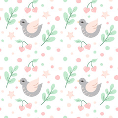 pigeon, bird, heart, cherry, branch, leaf, dot, print, wallpaper, vector, seamless, background, design, illustration, hand, drawn, textile, fabric, decor, wrapping, packaging, paper, fashion, repeat, 