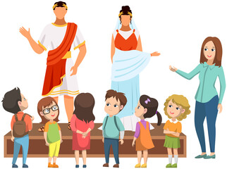 Museum visitors group of small children looking at classical figure of roman citizens exhibits, museum guide telling kids about historical person, people viewing museum showpiece on excursions