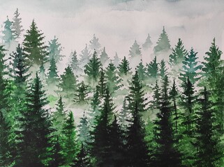 Foggy forest. Landscape. Watercolor illustration