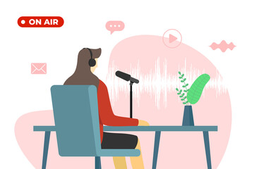 On air live podcast or broadcast concept. Radio news vector eps illustration. Woman DJ in headset with microphone at studio. Female journalist working