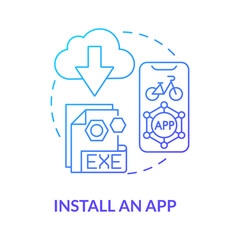 Install app blue gradient concept icon. Bike sharing usage abstract idea thin line illustration. Bikeshare technology. Trail biking routes. Using smartphone. Vector isolated outline color drawing