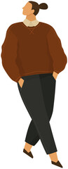 Young caucasian man walks alone keeps his hands in his pockets. Cute guy in brown pullover and black pants isolated male character in walking position. Vector businessman with dark hair in full length