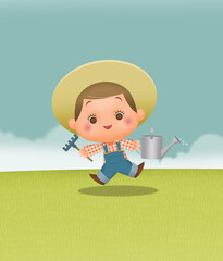 niño granjero, niño jardinero fondo paisaje, niño regando flores. nene regando flores, niño, nene granjero