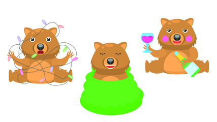 Set Abstract Collection Flat Cartoon 
Different Animal Wombat Wrapped In Blanket, Tangled In A Garland, Drinks Alcoholic Beverages Vector Design Style Elements Fauna Wildlife